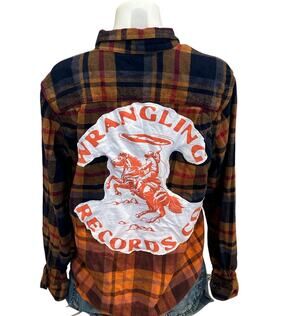 Cowboy Rodeo Plaid Flannel Shirt MEDIUM Wrangling Records Cowgirl Unique Western